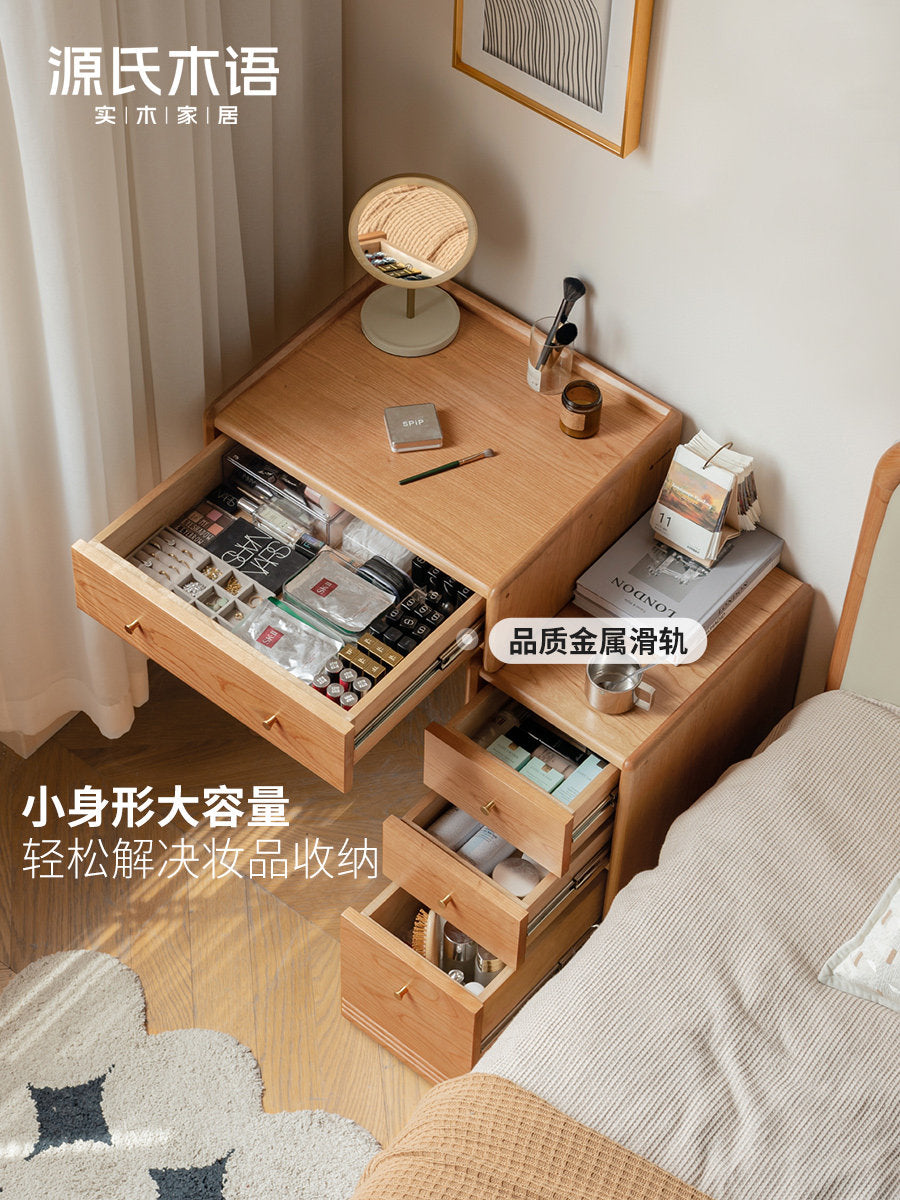 Solid wood vanity desk and cabinet combo, retractable makeup table for small apartments, cherry wood bedroom dressing table